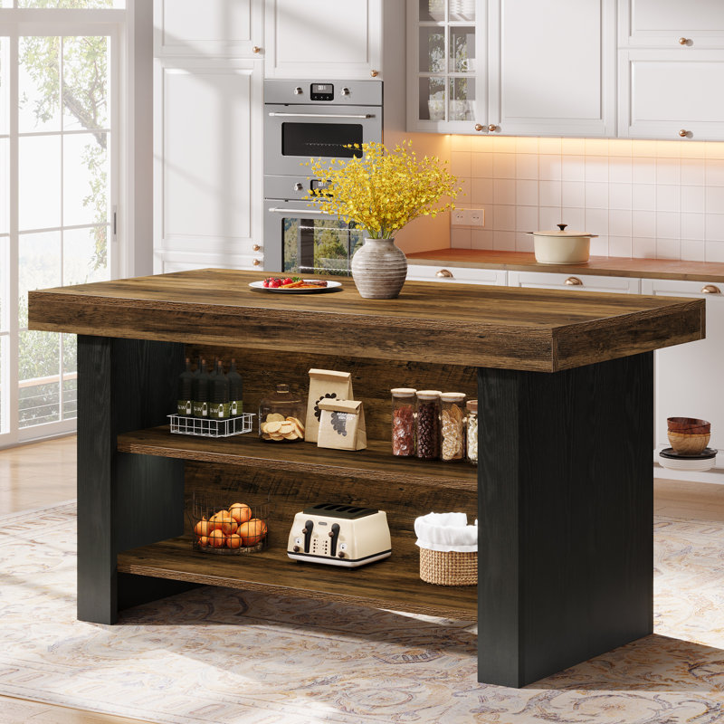 Îlot de cuisine 55 po avec rangement, Brun rustique, Noir