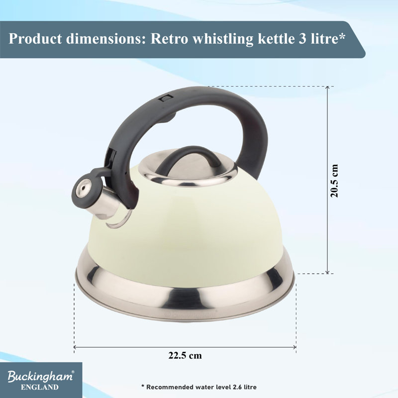 Buckingham Stainless Steel Stovetop Whistling Cream Kettle Induction Compatible 3 Litres