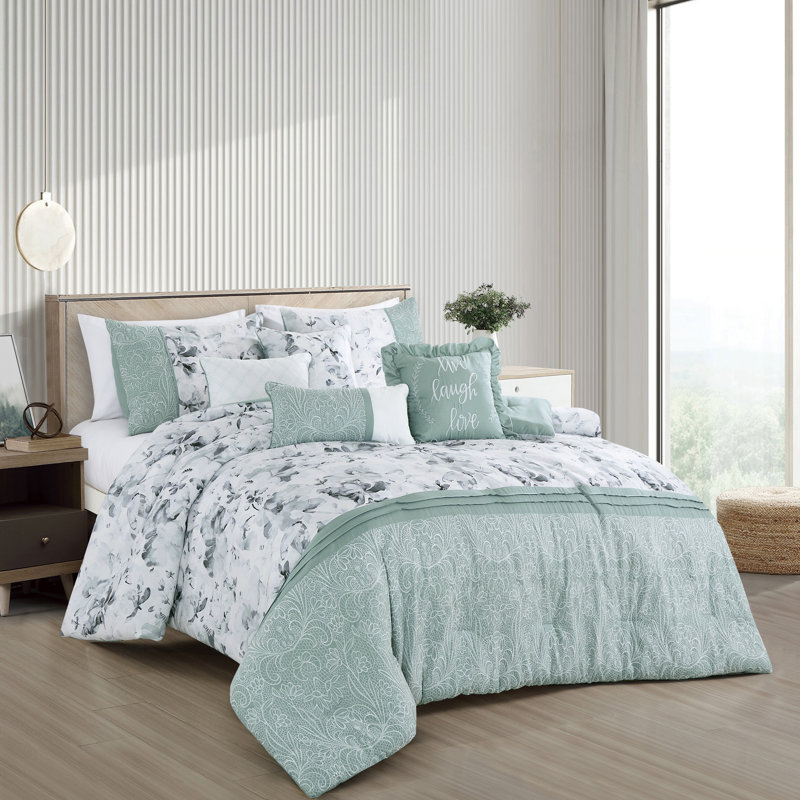 7 Piece Patchwork Brushed Microfiber Plain Weave Comforter Bedding Set, King Comforter + 6 Additional Pieces, Aqua
