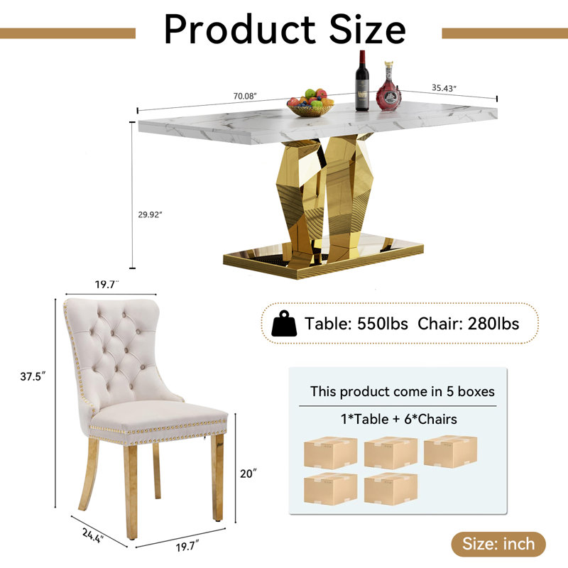 70" Faux Marble Dining Table Set for, White Dining Room Table with Velvet Dining Chairs, Modern Kitchen Table and Chairs Set, Luxury Dining Table Set for Kitchen Dining