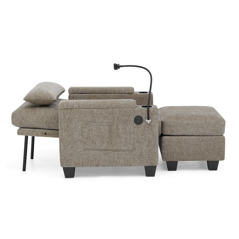 Canapé inclinable simple avec dossier réglable manuellement, port de charge USB sur le côté de l'accoudoir, support pour téléphone inclus, rangement pour accoudoirs dissimulé et repose-pieds de rangement assorti - brun