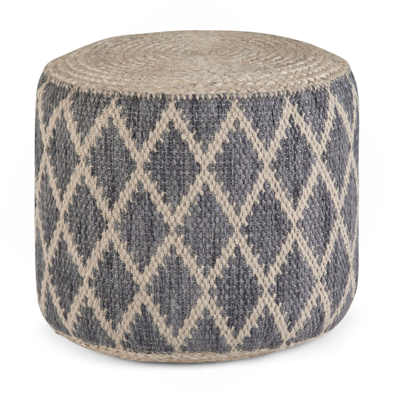 Edgeley 18 inch Wide Round Pouf in Handwoven Jute and Cotton, Gray