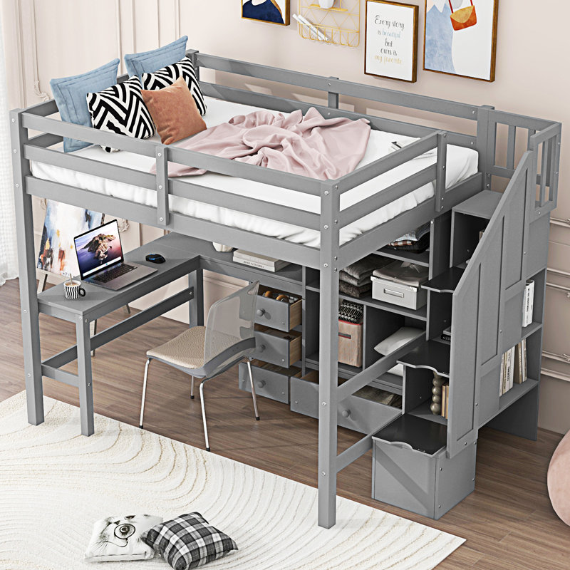Lit mezzanine avec bureau en L et tiroirs, Gris