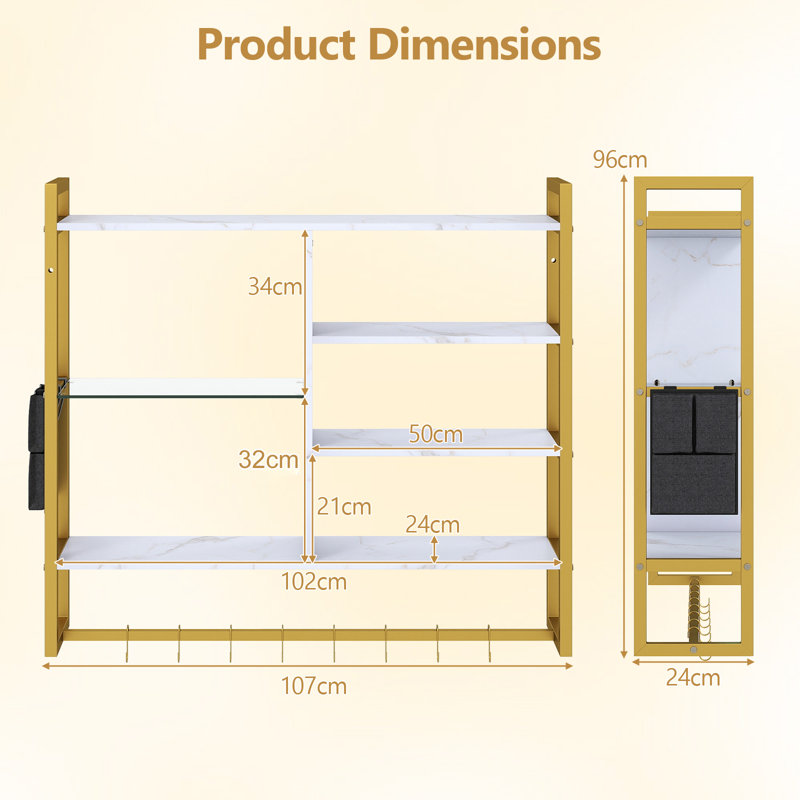 96 cm H x 107 cm W Floating Bookcase, White/Gold