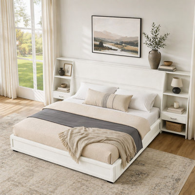 Modern Storage Platform Bed Frame with Side Bookcases & Drawer