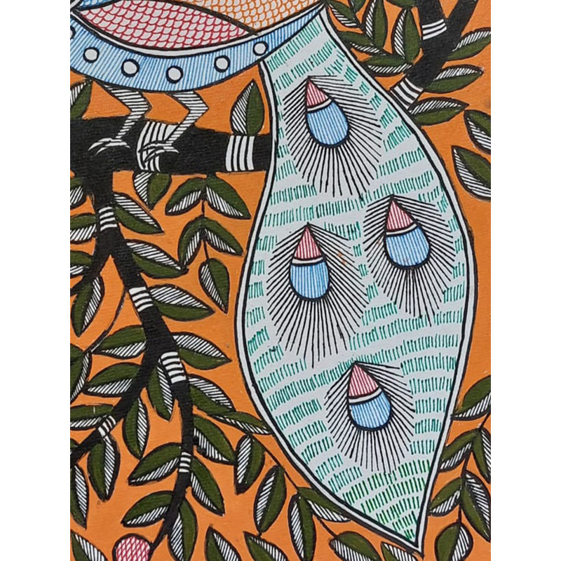 Paon sur arbre, peinture acrylique Madhubani sur papier faite à la main par Lalita Ray - décoration murale d'art populaire indien H 11 po x l 7 po