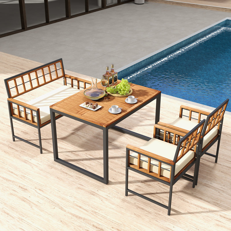 4 Pcs Acacia Wood Patio Dining Set W/ 1 Rectangular Table 1 Loveseat & 2 Armchairs