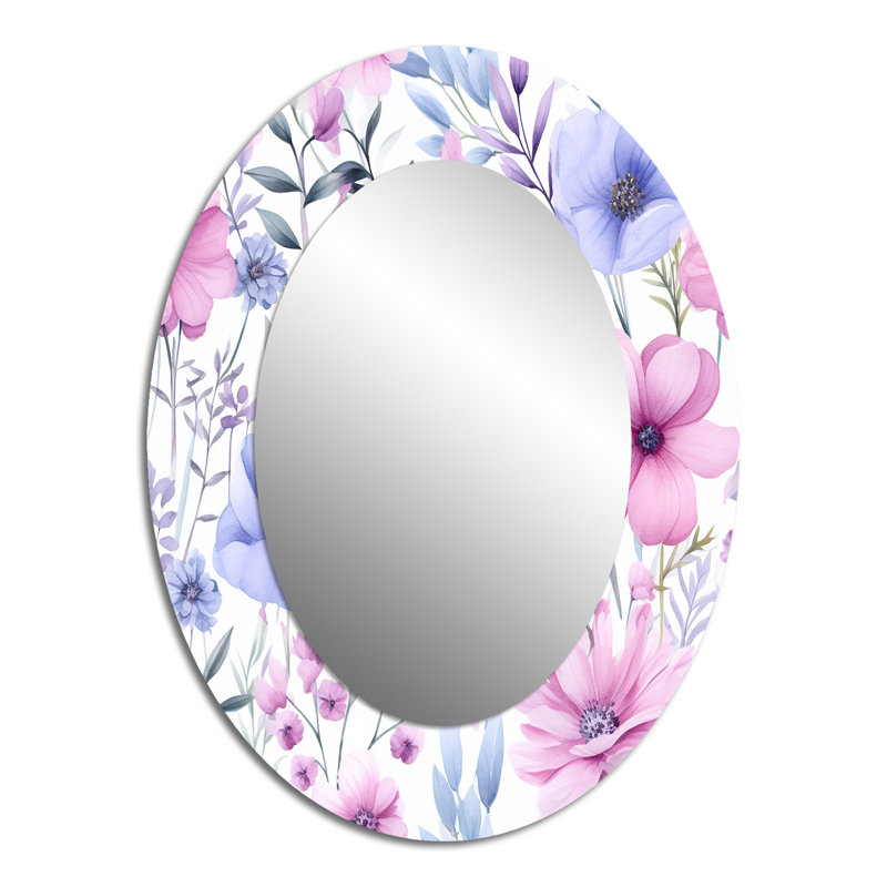 Pétunia rose et bleu sur fond blanc III - Grand miroir mural ovale sur métal, 40 po x 30 po