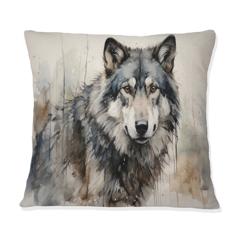 Oreiller imprimé loup, H 16 po x l 16 po, Carré