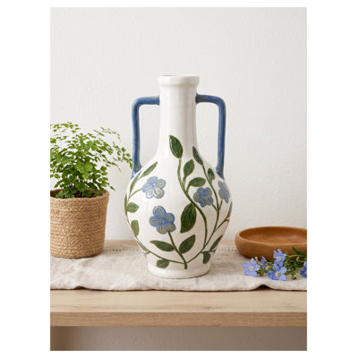 Vase floral en céramique Amphora avec poignées simples, motif de fleurs sauvages bleues et vertes sur fond blanc lustré, grande urne décorative de 12,8 pouces pour le salon ou le vestibule