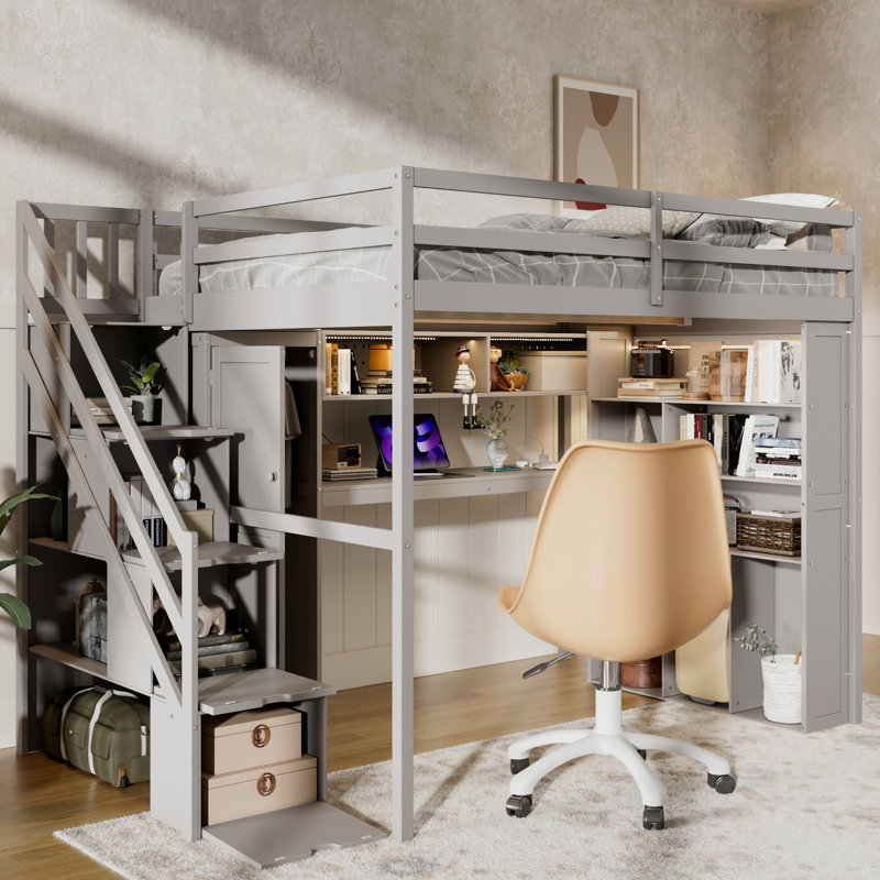 Lit mezzanine double gris espace avec garde-robe intégré, zone d'étude et ambiance chaleureuse à DEL, espace de travail spacieux au choix pour la chambre à coucher