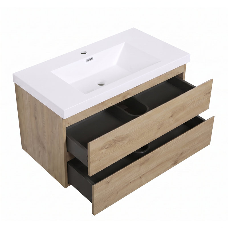 Meuble-lavabo suspendu de 91 cm (36 po), armoire en mélamine de bois avec lavabo intégré en résine et carbonate de calcium, préassemblé