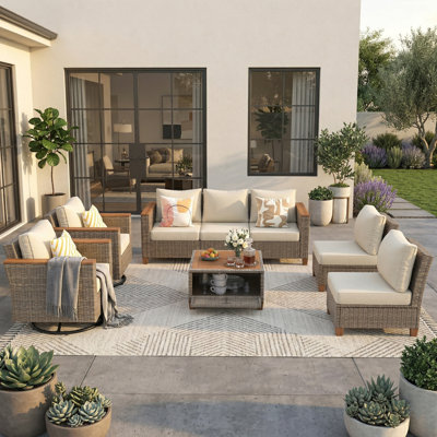 Ensemble de mobilier de jardin 8 pièces en osier avec table de rangement en acacia