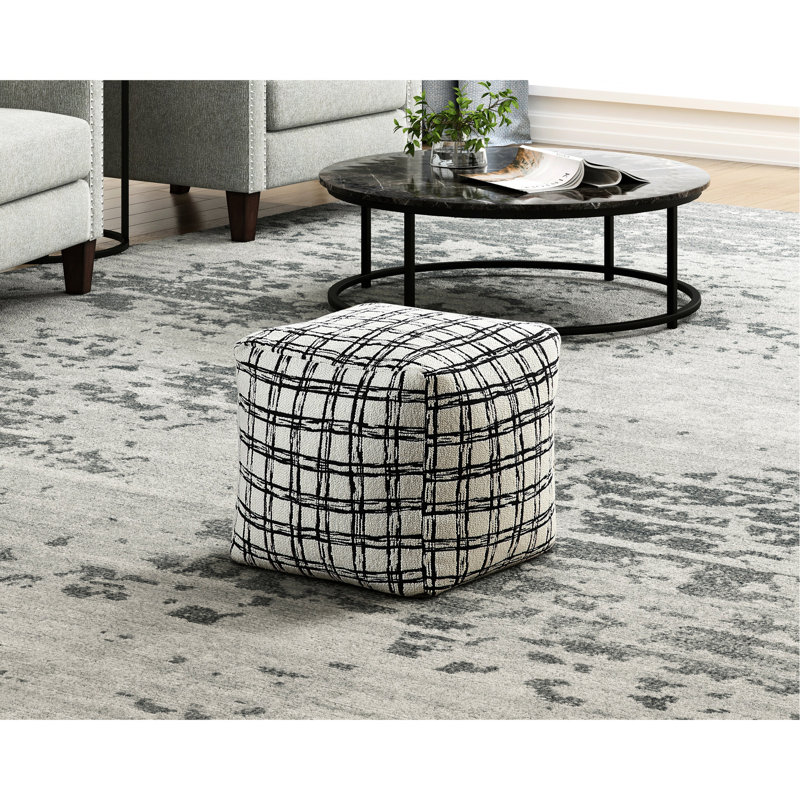 Pouf carré Modern, tissu, blanc noir, base antidérapante blanche