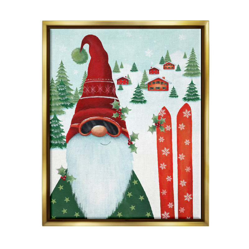 Ba-809-Floater Gnome Skiing Winter Slopes, reproduction d'art sur toile, Cadre flottant métallique doré