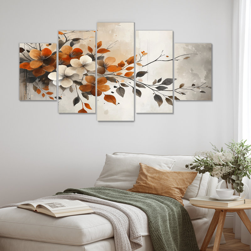 Impression sur toile, fleurs de cerisier orange et beige