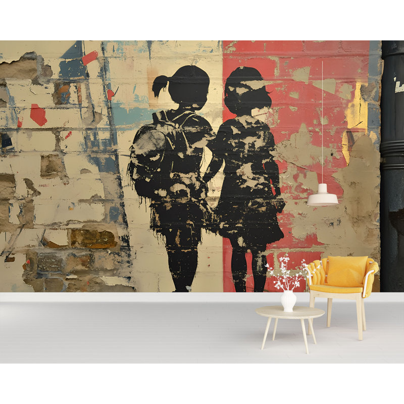 Murale urbaine, impression murale - silhouette de filles de style graffiti rétro - décoration murale loft industriel - papier peint graffiti