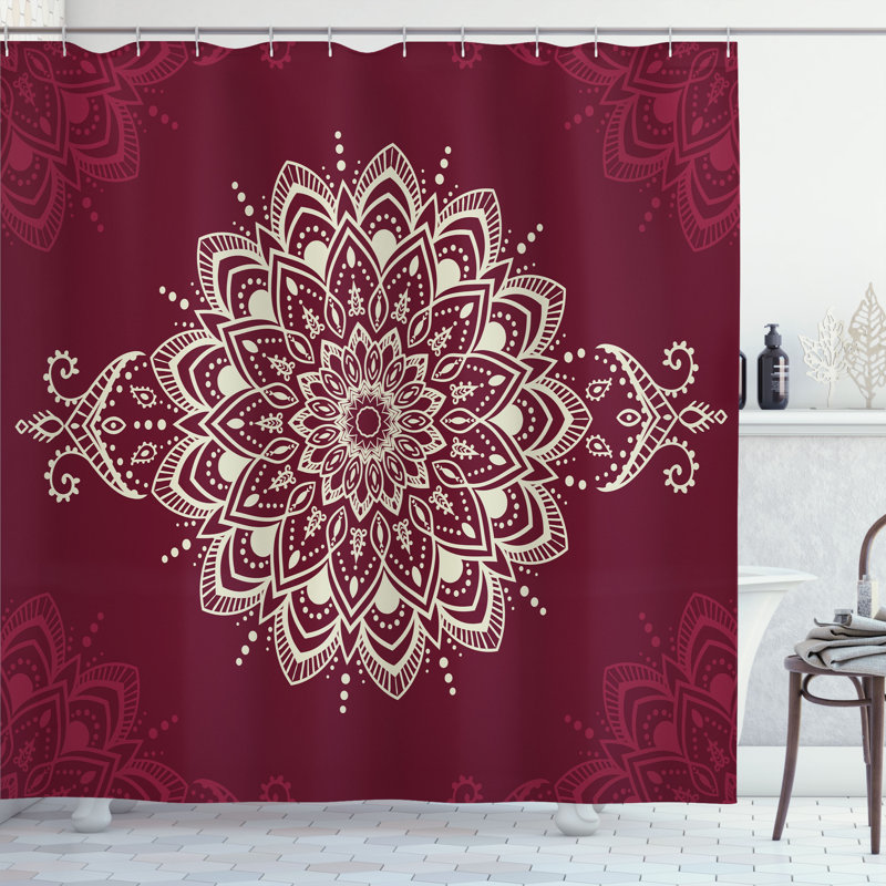 Maroon and White Floral Fabric Shower Curtain with Hooks