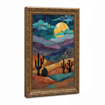 Art mural sur toile à motif de cactus du désert sous la lune orange