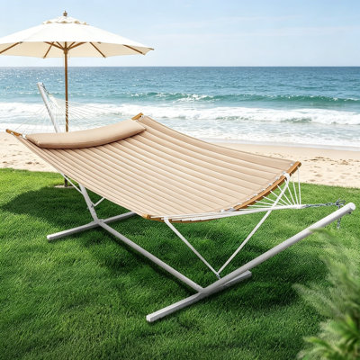 Beige Double Hammock With Frame, Thick Cotton Padding, Includes Pillow, Curved Rod And Portable Storage Bag.
