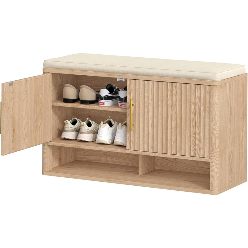 Banc de rangement à chaussures cannelé avec coussin, tablette ajustable, armoire dissimulée et tablette inférieure ouverte