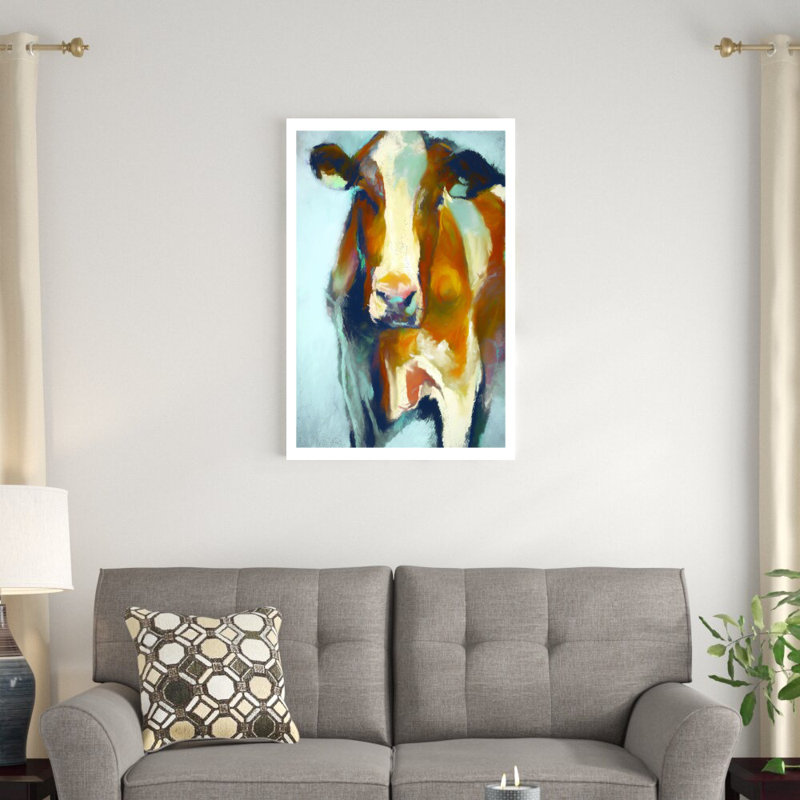 Vache brune et blanche - peinture sur toile tendue, H 36 po x l 24 po