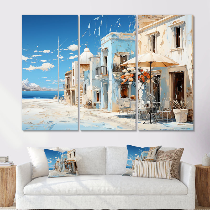 Rue azur en Grèce - ensemble d'art mural Grèce, H 28 po x l 36 po x P 1 po, Toile tendue