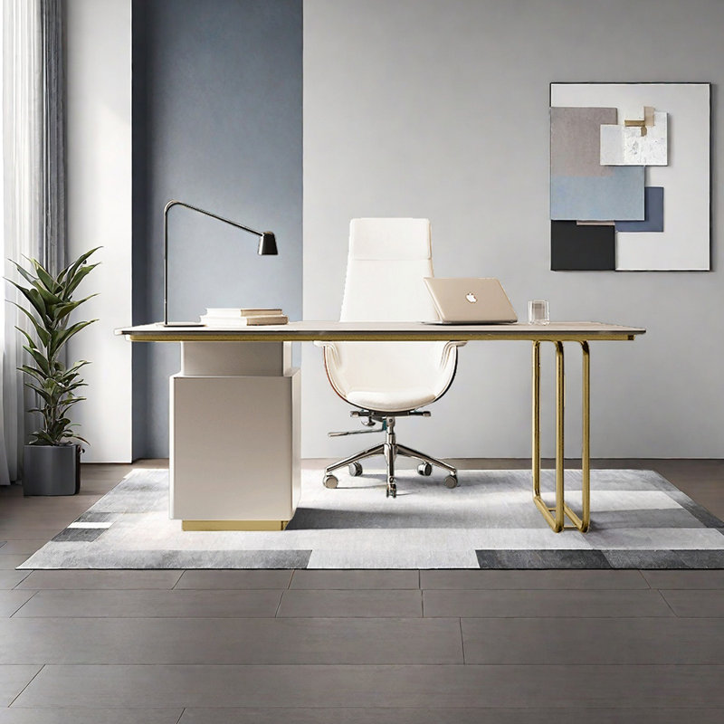 Bureau en pierre frittée avec tiroirs, H 28,74 po x l 55,12 po x P 27,56 po, Doré / Blanc