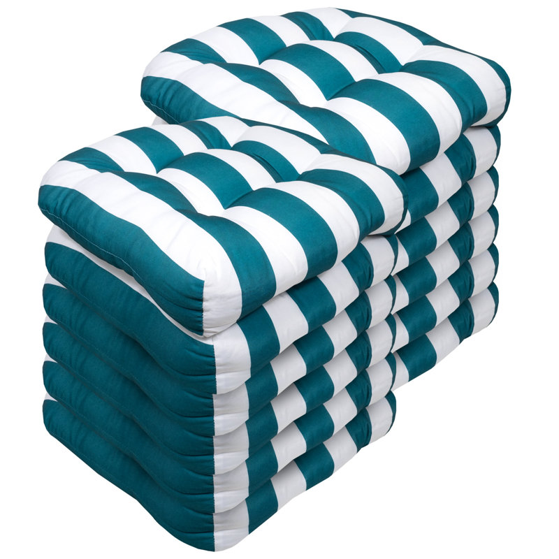 Stripe Patio Cushions Indoor/Outdoor Chair Pad Cushions, Thick Fiber Fill Tufted 19" x 19", Peacock/White Polyester, 12