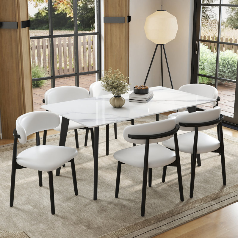 Juvan Modern 7-Piece Rectangular Marble Dining Table Set With 6 Faux Leather Chair, Snow White, White/Black