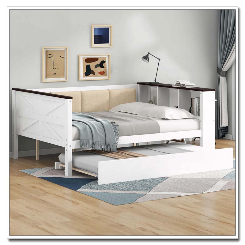 Full Size Wood Daybed with Storage Shelves, Upholstered Backrest,USB and Trundle, White, Full