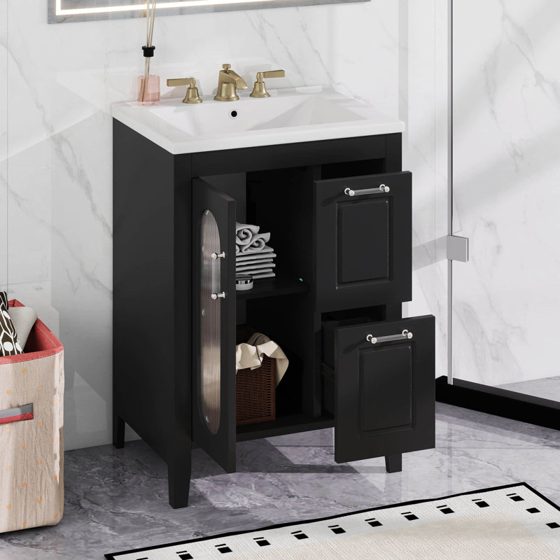 Meuble-lavabo de salle de bain 24 po avec lavabo en céramique, 1 porte en verre, 2 tiroirs à fermeture douce et tablette réglable