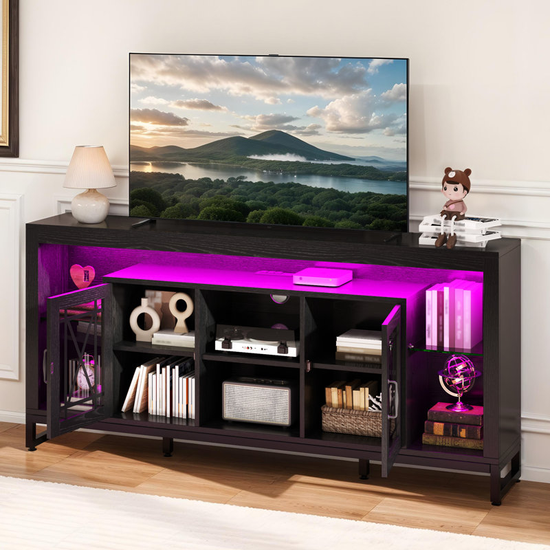 Meuble audio-vidéo 70 po Modern Farmhouse, meuble télé, console média, console télé avec bande DEL et prise de courant installée