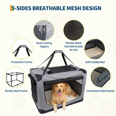 Collapsible Soft Dog Crate for Car Travel - 3-Door Collapsible Kennel with Metal Frame, Washable 600D Cover, Soft Pad, Indoor Outdoor Use