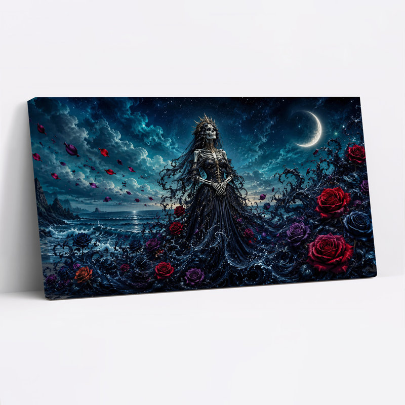 Reine squelette gothique parmi des roses sombres - Toile murale d'Halloween, L 46 po x H 24 po