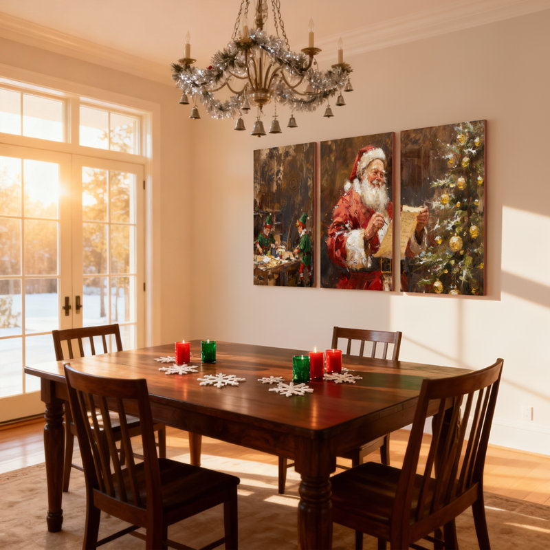 Ensemble de 3 impressions sur toile de Noël, père Noël, atelier, elfes, arbre de Noël, H 30 po x l 60 po