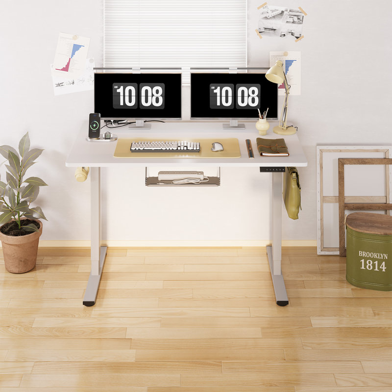 Adjustable Standing Desk, Whole-Piece Desktop, 55" W x 28" D, White/Gray