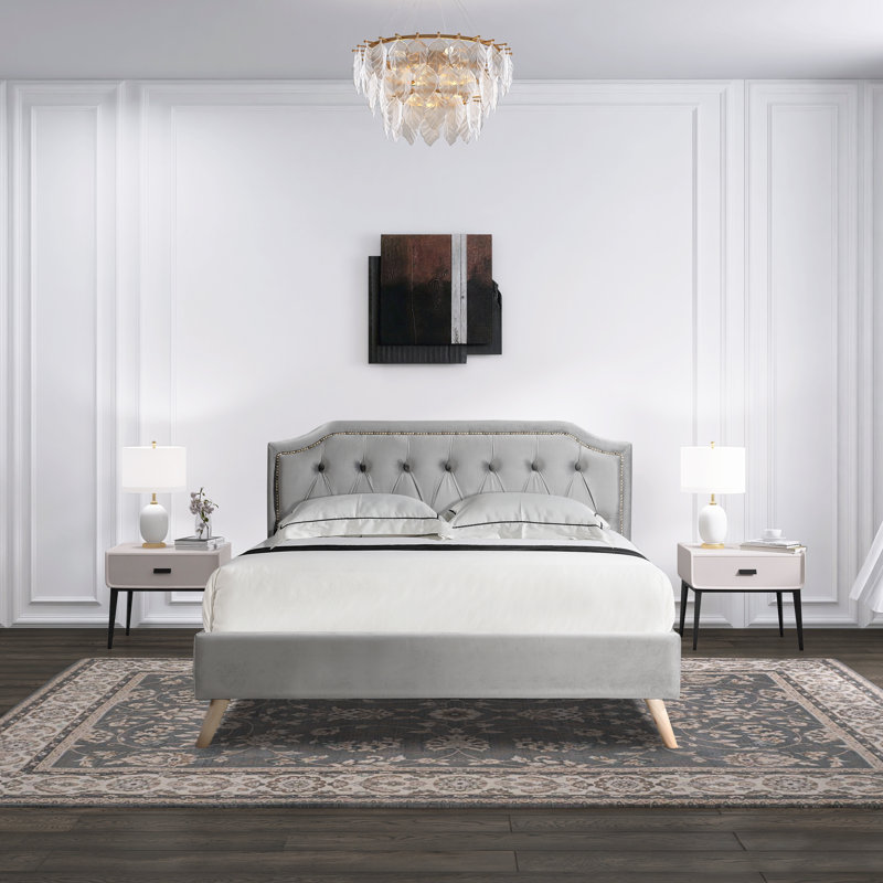 Lit plateforme tapissier capitonné Dilcia, gris, Grand