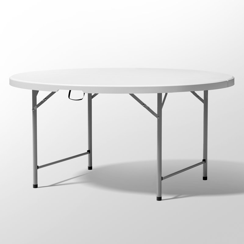 Table ronde en plastique pliable ronde avec cadre en acier pliable et poignée de transport, Blanc