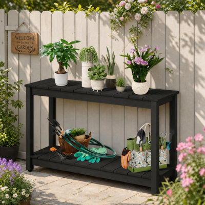 48 inch Outdoor Console Table,2 Tier Wood Side Table with Adjustable Feet,Multifunctional Buffet Bar Storage Organizer for Patio, Porch, Garden,All-Weather Material,Easy to Clean