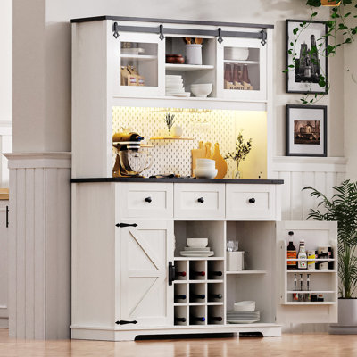 71" Farmhosue Pantry Bar Cabinet With Internal Storage Rack,Kitchen Cabinet With Hutch,Sliding Door