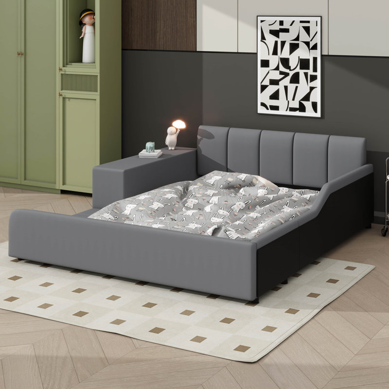 Lit tapissier à la terre, lit mère et enfant avec bureau de chevet et petit tabouret rond, Grand lit, Gris