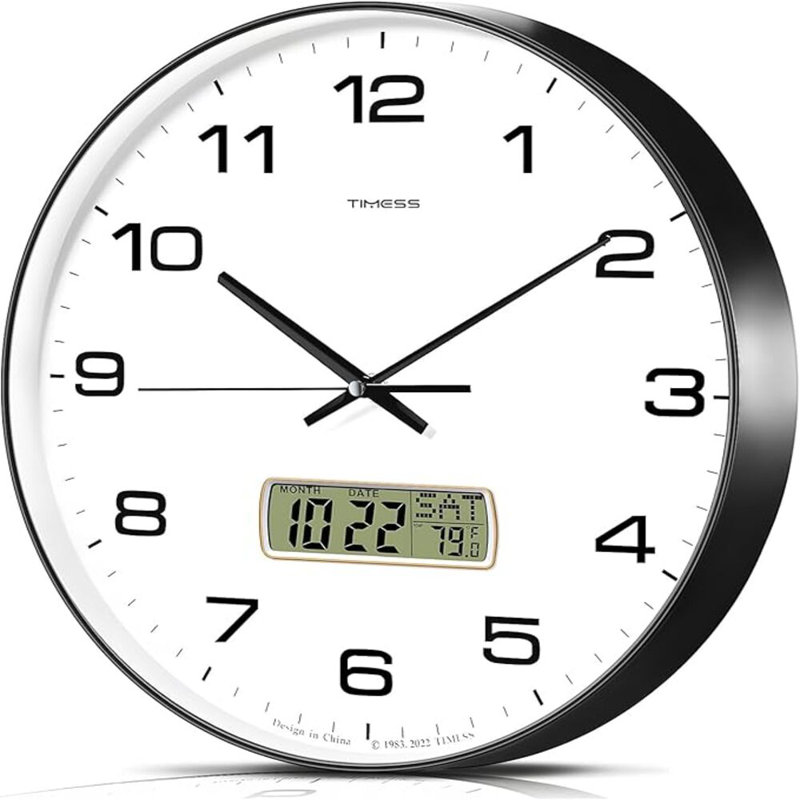 Horloge murale, cadran 13 po analogique à pile sans cadran analogique avec écran LCD pour calendrier perpétuel et température F °, idéal pour maison moderne, chambre à coucher, cuisine, bureau (noir)