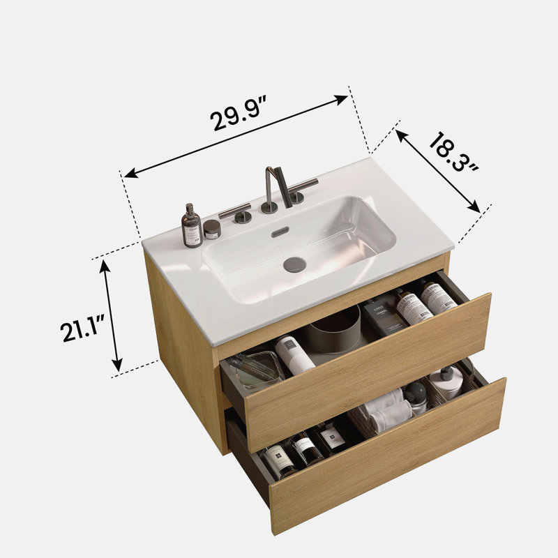Meuble-lavabo mural en céramique avec trois trous de robinet, grand lavabo flottant de rangement, adapté aux salles de bain modernes, pré-assemblé