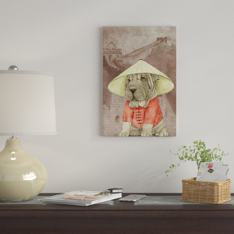 «Shar Pei With The Great Wall» par Barruf, impression sur toile tendue, H 24 po x l 16 po x P 1 po, Papier d'art encadré noir