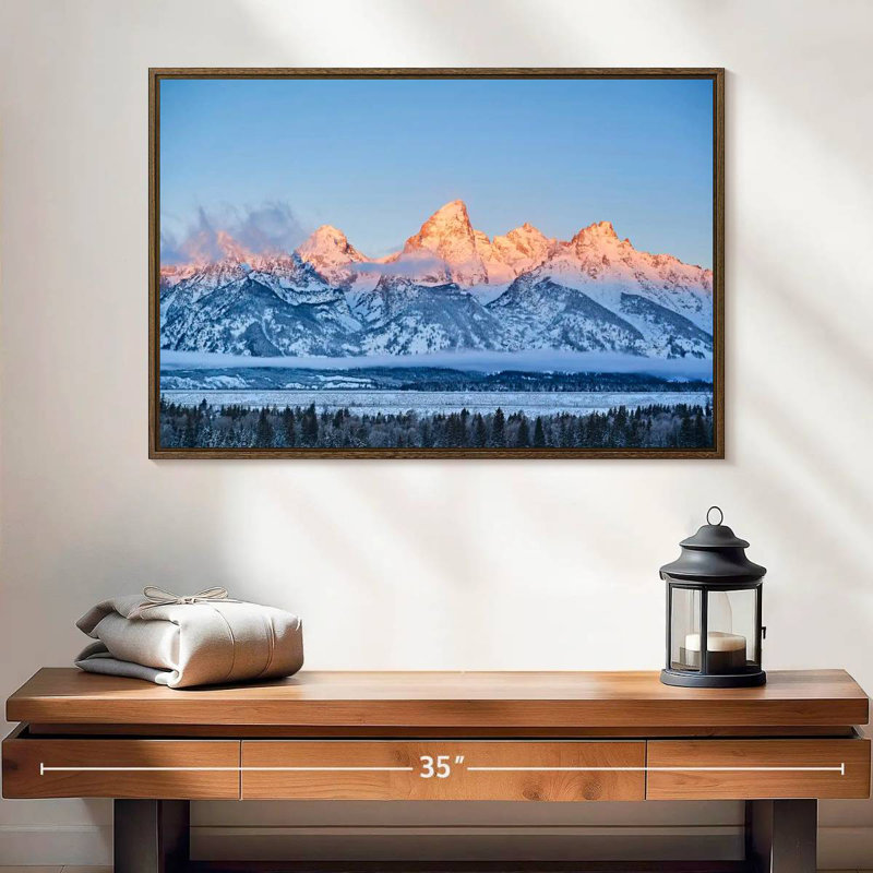 Grand Tetons congelés, 25 po x 17 po, Cadre flottant noyer