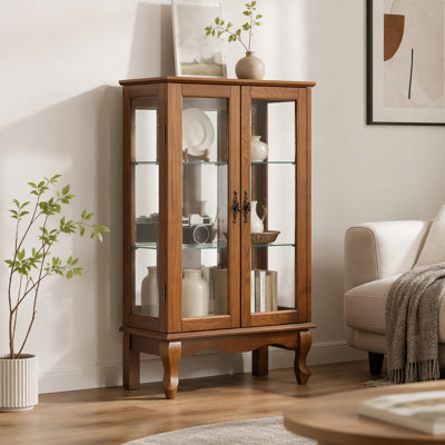 Armoire vitrée 2 portes avec portes en verre trempé, armoires vitrées avec panneau arrière en miroir et tablettes réglables, vitrine lumineuse pour la maison, ampoule de bureau incluse