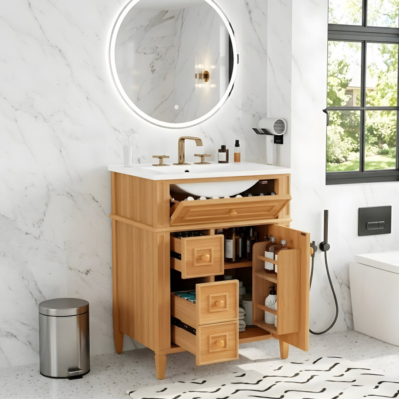 Meuble-lavabo de salle de bain avec lavabo et rangement polyvalent, Bois, 24