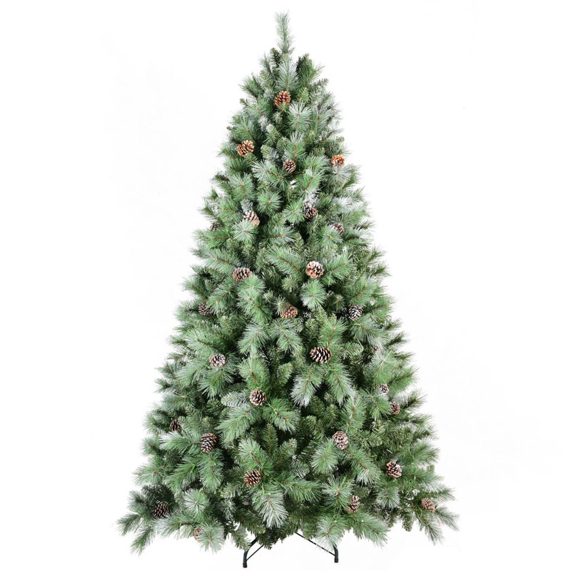 Arbre de Noël mixte en PVC et à aiguilles rigides avec pommes de pin et support en métal robuste, 7'