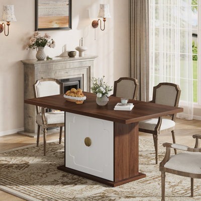 63" Rectangular Dining Table for 4-6, Walnut Kitchen Table with Pedestal Base and Storage Shelves, Small Space Dining Table